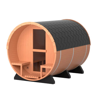 6-Person Outdoor Barrel Sauna with Front Porch – Patchwork Red Cedar Traditional Steam Kit Anyi Health