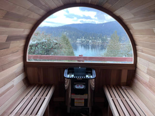 6-Person Outdoor Barrel Sauna with Front Porch – Patchwork Red Cedar Traditional Steam Kit Anyi Health