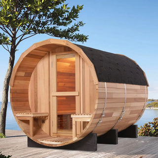 6 Person Outdoor Barrel Sauna with Front Porch – Canadian Red Cedar or Hemlock Traditional Steam Sauna Kit with Waterproof Tile Anyi Health