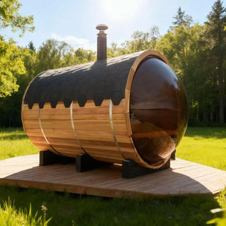 Outdoor Barrel Sauna with Front Porch & Panoramic Glass – Available in 2-6 Person Sizes Anyi Health
