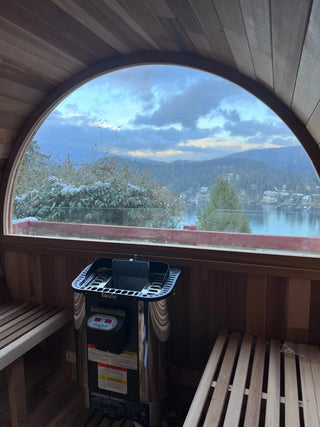 6-Person Outdoor Barrel Sauna with Front Porch – Patchwork Red Cedar Traditional Steam Kit Anyi Health