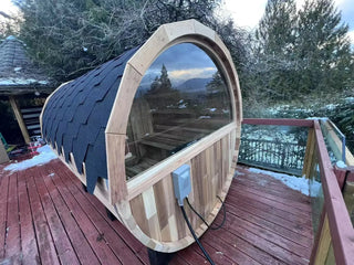 6-Person Outdoor Barrel Sauna with Front Porch – Patchwork Red Cedar Traditional Steam Kit Anyi Health