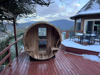 6-Person Outdoor Barrel Sauna with Front Porch – Patchwork Red Cedar Traditional Steam Kit Anyi Health