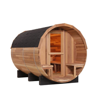 6 Person Outdoor Barrel Sauna with Front Porch – Canadian Red Cedar or Hemlock Traditional Steam Sauna Kit with Waterproof Tile Anyi Health