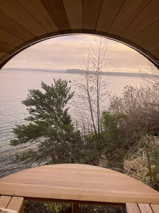Outdoor Barrel Sauna with Front Porch & Panoramic Glass – Available in 2-6 Person Sizes Anyi Health