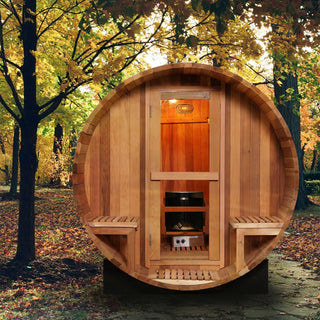 6 Person Outdoor Barrel Sauna with Front Porch – Canadian Red Cedar or Hemlock Traditional Steam Sauna Kit with Waterproof Tile Anyi Health