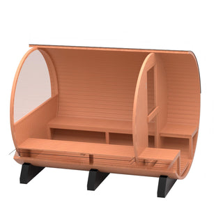 6 Person Outdoor Barrel Sauna with Front Porch, Patchwork Red Cedar Traditional Steam Barrel Sauna Kit with Half-viewing Window