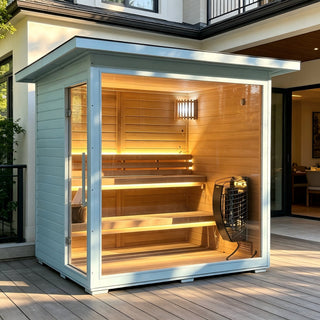 4-6 Person Canadian Red Cedar Outdoor Sauna with 6KW Heater & Tempered Glass Front Anyi Health
