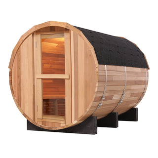 4 Person Outdoor Barrel Sauna, Patchwork Red Cedar Traditional Steam Barrel Sauna Kit with Outdoor Waterproof Tile and More