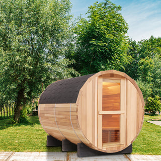 4 Person Outdoor Barrel Sauna, Patchwork Red Cedar Traditional Steam Barrel Sauna Kit with Outdoor Waterproof Tile and More