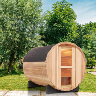 4 Person Outdoor Barrel Sauna, Patchwork Red Cedar Traditional Steam Barrel Sauna Kit with Outdoor Waterproof Tile and More