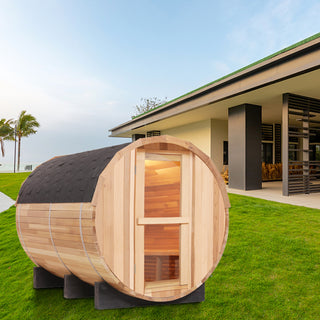 4 Person Outdoor Barrel Sauna, Patchwork Red Cedar Traditional Steam Barrel Sauna Kit with Outdoor Waterproof Tile and More