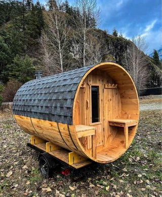 6 Person Outdoor barrel sauna with Front Porch and Panoramic Glass,  Patchwork Red Cedar Barrel Sauna Kit with Outdoor Waterproof Tile, Wood-Burning Stove and More