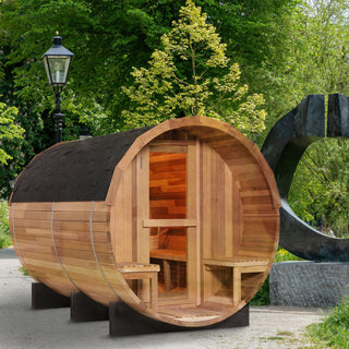 6 Person Outdoor Barrel Sauna with Front Porch, Patchwork Red Cedar Traditional Steam Barrel Sauna Kit with Outdoor Waterproof Tile and More