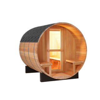 6 Person Outdoor Barrel Sauna with Front Porch, Canadian Hemlock Traditional Steam Barrel Sauna Kit with Outdoor Waterproof Tile, Lava Rocks and More
