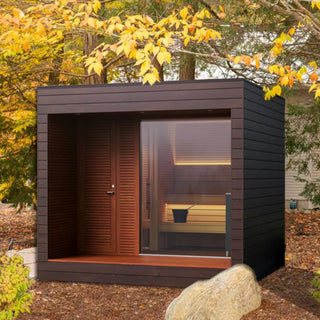 Luxury Outdoor Modular Sauna with Thermo-Aspen Interior, Nordic Spruce Exterior & Terrace