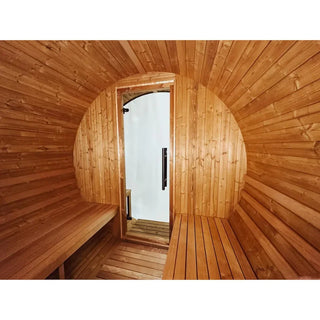 Stylish Black Barrel Sauna with Porch – 4 Person Outdoor Thermally Modified Wood Sauna