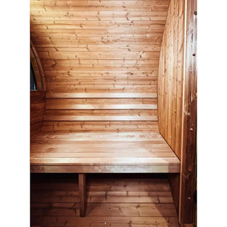 Stylish Black Barrel Sauna with Porch – 4 Person Outdoor Thermally Modified Wood Sauna