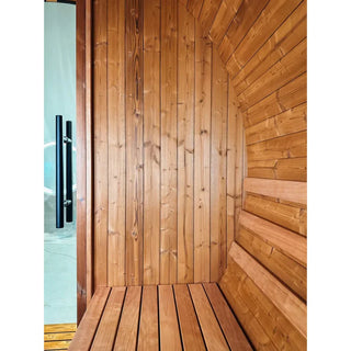 Stylish Black Barrel Sauna with Porch – 4 Person Outdoor Thermally Modified Wood Sauna