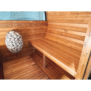 Stylish Black Barrel Sauna with Porch – 4 Person Outdoor Thermally Modified Wood Sauna