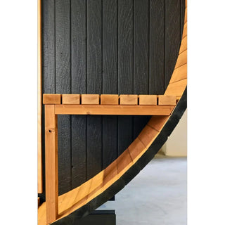 Stylish Black Barrel Sauna with Porch – 4 Person Outdoor Thermally Modified Wood Sauna