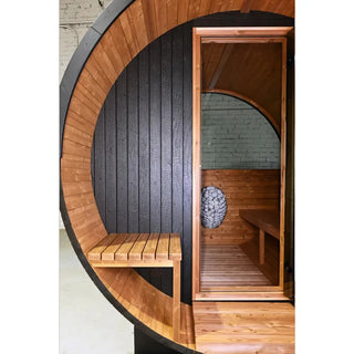 Stylish Black Barrel Sauna with Porch – 4 Person Outdoor Thermally Modified Wood Sauna