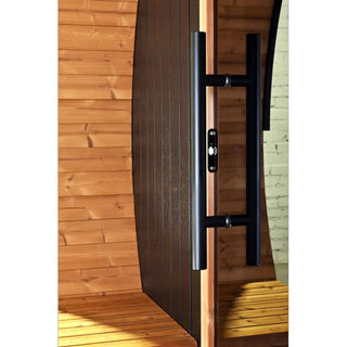 Stylish Black Barrel Sauna with Porch – 4 Person Outdoor Thermally Modified Wood Sauna