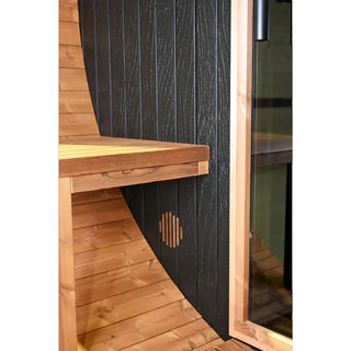 Stylish Black Barrel Sauna with Porch – 4 Person Outdoor Thermally Modified Wood Sauna