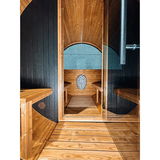 Stylish Black Barrel Sauna with Porch – 4 Person Outdoor Thermally Modified Wood Sauna