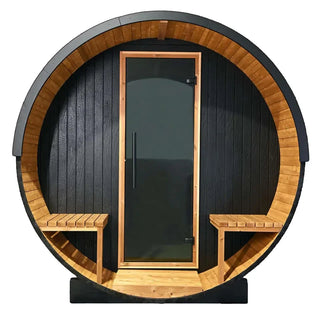 Stylish Black Barrel Sauna with Porch – 4 Person Outdoor Thermally Modified Wood Sauna