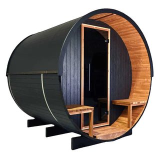 Stylish Black Barrel Sauna with Porch – 4 Person Outdoor Thermally Modified Wood Sauna
