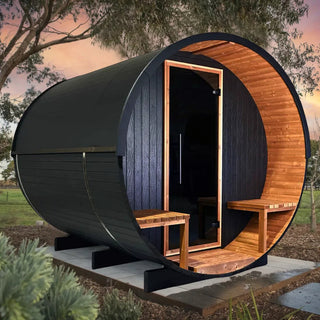 Stylish Black Barrel Sauna with Porch – 4 Person Outdoor Thermally Modified Wood Sauna