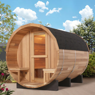 6 Person Outdoor Barrel Sauna with Front Porch – Canadian Red Cedar or Hemlock Traditional Steam Sauna Kit with Waterproof Tile