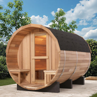 6 Person Outdoor Barrel Sauna with Front Porch – Canadian Red Cedar or Hemlock Traditional Steam Sauna Kit with Waterproof Tile