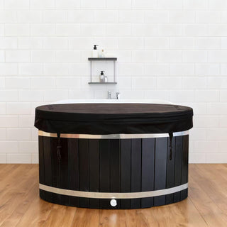 Black Oval Red Cedar Ice Bath Tub – Cold Plunge Spa Barrel for Athlete Recovery & Home Spa, Sleek Dark Finish Therapeutic Design, Natural Wooden Therapy Tub