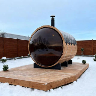Outdoor Barrel Sauna with Front Porch &amp; Panoramic Glass – Available in 2-6 Person Sizes Anyi Health