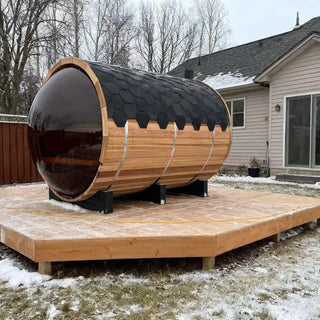 Outdoor Barrel Sauna with Front Porch &amp; Panoramic Glass – Available in 2-6 Person Sizes Anyi Health