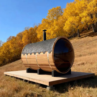 Outdoor Barrel Sauna with Front Porch &amp; Panoramic Glass – Available in 2-6 Person Sizes Anyi Health