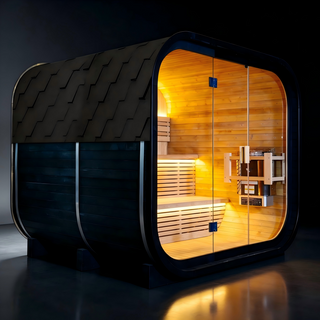 Outdoor Traditional Square Steam Sauna, Carbonized Spruce Wood Sauna Room with Weatherproof Asphalt Shingle Roof, Home Spa Sauna Kit with Tempered Glass Door & Sauna Accessories Anyi Health