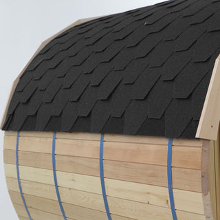 6 Person Outdoor Barrel Sauna with Front Porch, Canadian Hemlock Traditional Steam Barrel Sauna Kit with Outdoor Waterproof Tile, Lava Rocks and More