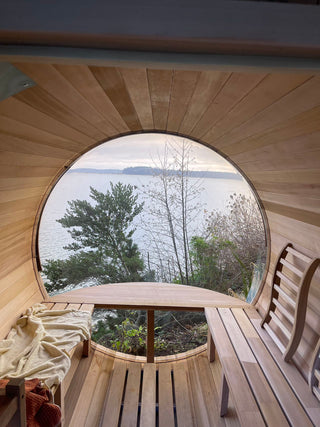6 Person Outdoor barrel sauna with Front Porch and Panoramic Glass,  Patchwork Red Cedar Barrel Sauna Kit with Outdoor Waterproof Tile, Wood-Burning Stove and More