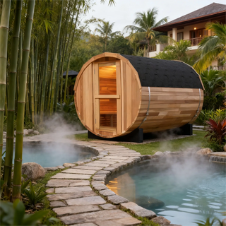 4 Person Outdoor Barrel Sauna – Red Cedar or Hemlock Traditional Steam Sauna Kit with Waterproof Tile Anyi Health