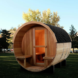 6 Person Outdoor Barrel Sauna with Front Porch, Canadian Hemlock Traditional Steam Barrel Sauna Kit with Outdoor Waterproof Tile, Lava Rocks and More