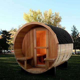 6 Person Outdoor Barrel Sauna with Front Porch, Canadian Hemlock Traditional Steam Barrel Sauna Kit with Outdoor Waterproof Tile, Lava Rocks and More