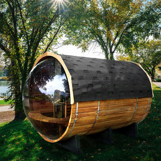 6 Person Outdoor barrel sauna with Front Porch and Panoramic Glass,  Patchwork Red Cedar Barrel Sauna Kit with Outdoor Waterproof Tile, Wood-Burning Stove and More