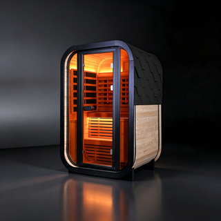 Outdoor Far Infrared Sauna – Carbonized Spruce Wood, Dark Tea-Tinted Glass Anyi Health
