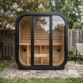 Traditional Outdoor Steam Sauna for 4 People – Carbonized Spruce Wood, 6KW Heater, Tinted Glass Panels, Weather-Resistant Backyard Spa with LED Lighting Anyi Health