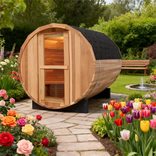 4 Person Outdoor Barrel Sauna – Red Cedar or Hemlock Traditional Steam Sauna Kit with Waterproof Tile Anyi Health