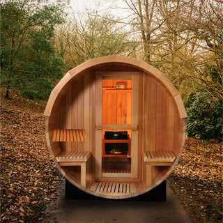 6 Person Outdoor Barrel Sauna with Front Porch, Canadian Hemlock Traditional Steam Barrel Sauna Kit with Outdoor Waterproof Tile, Lava Rocks and More