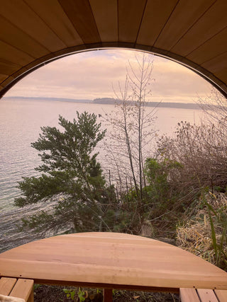 6 Person Outdoor barrel sauna with Front Porch and Panoramic Glass,  Patchwork Red Cedar Barrel Sauna Kit with Outdoor Waterproof Tile, Wood-Burning Stove and More